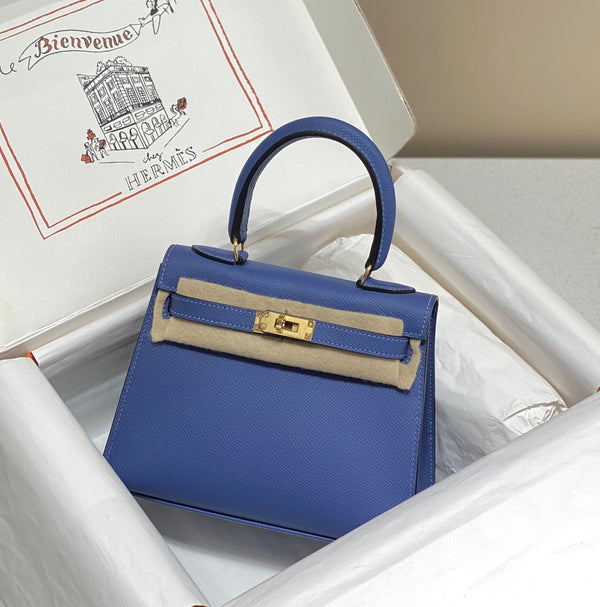 KELLY MINI 20 BAG IN AZURE BLUE CALFSKIN WITH GOLD HARDWARE (MADE-TO-ODER)