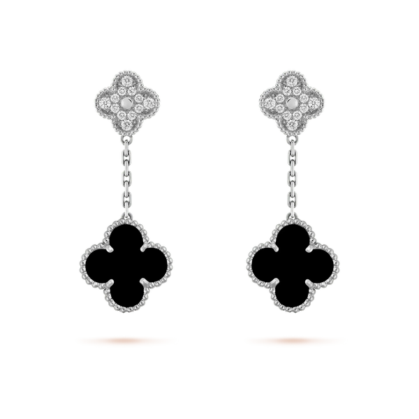 ˇMagic JewelryˇCLOVER 2 MOTIFS  DIAMOND ONYX EARRINGS SILVER